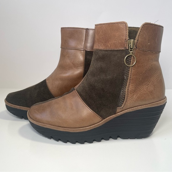 Fly London Yime Two-Tone Brown and Tan Patchwork Wedge Boots Size 39EU/8.5US - Picture 5 of 15